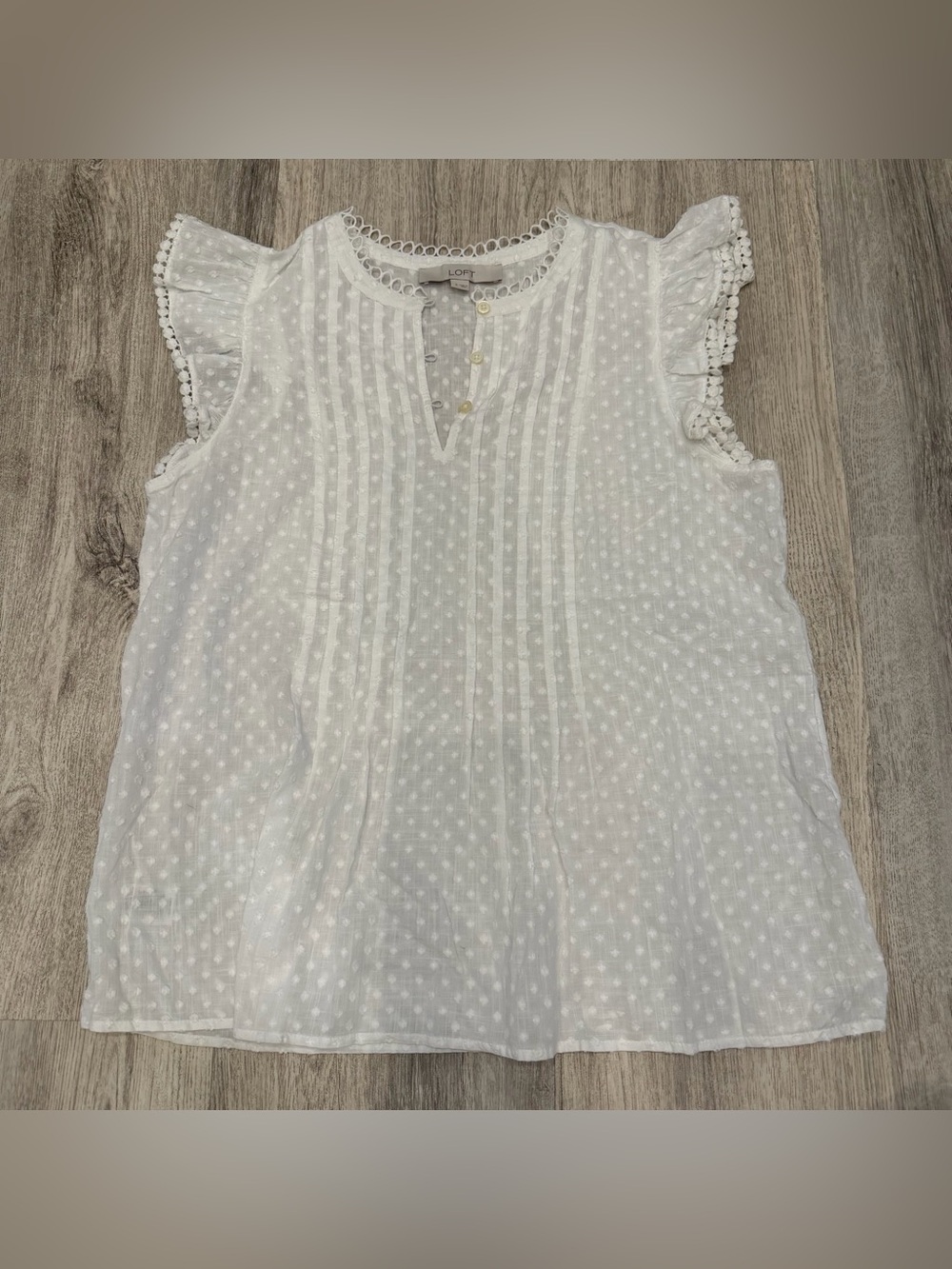 LOFT White Swiss Dot Ruffle Blouse Size Small Cottagecore Top - Picture 2 of 3